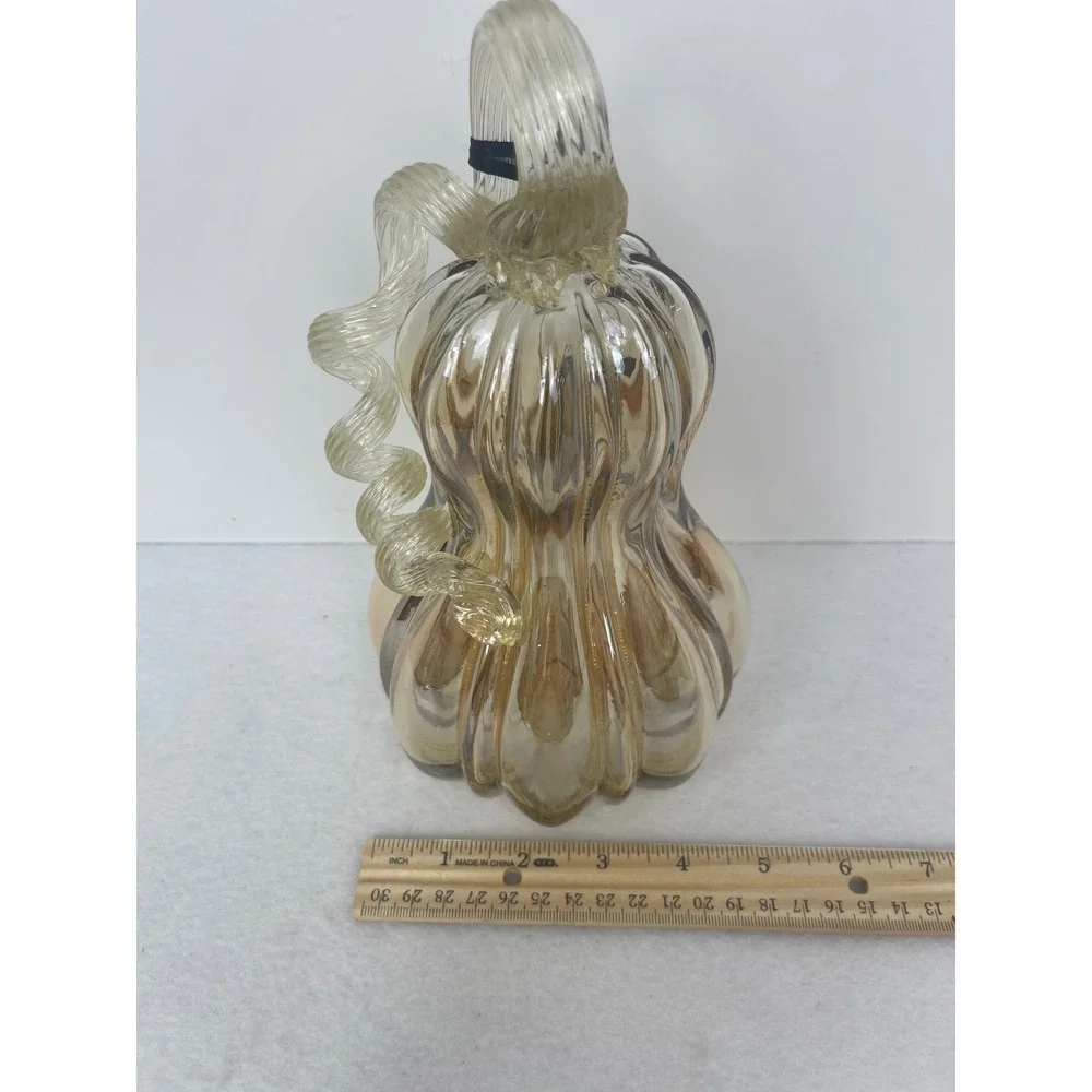 Tahari Home Glass Pumpkin Gourd Champagne Amber Ribbed Luster Fall Decor NEW